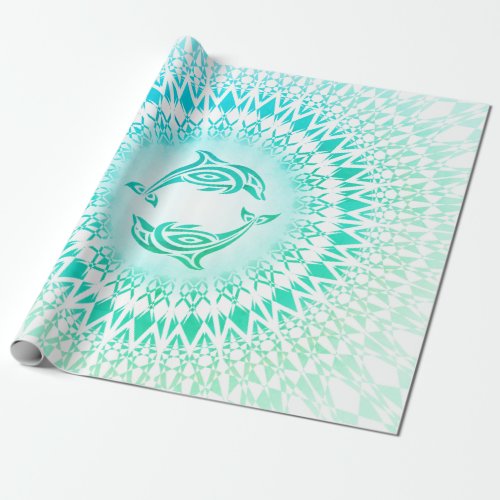 Dolphins Mandala Aqua Green White Wrapping Paper