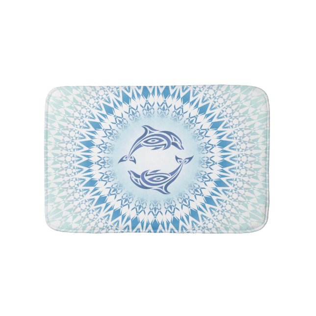 Dolphins Mandala Blue White Maritime Bathroom Mat (Front)