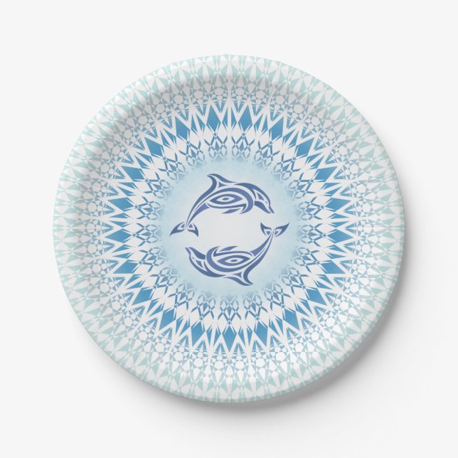 Dolphins Mandala Blue White Nautical Paper Plates (Front)