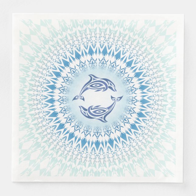 Dolphins Mandala Blue White Paper Dinner Napkins (Front)