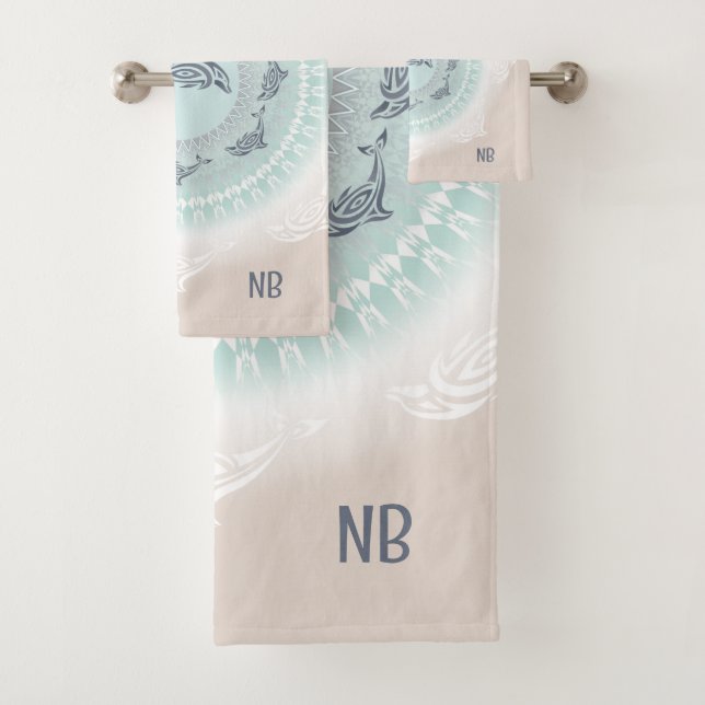Dolphins Mandala Pale Blue Taupe Coastal Bath Towel Set (Insitu)
