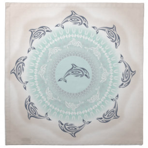 Dolphins Mandala Pale Blue Taupe Coastal Cloth Napkin