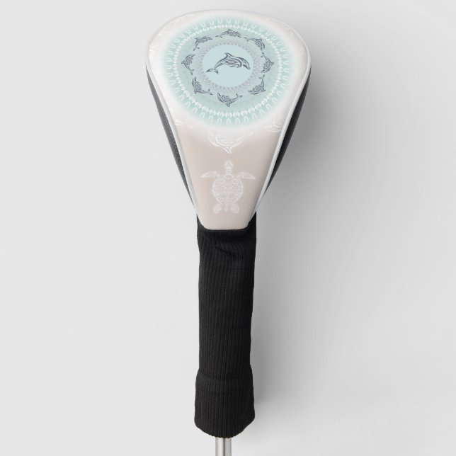 Dolphins Mandala Pale Blue Taupe Coastal Golf Head Cover (Front)