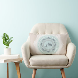 Dolphins Mandala Pale Blue Taupe Coastal Lumbar Pillow