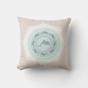 Dolphins Mandala Pale Blue Taupe Coastal Throw Pillow
