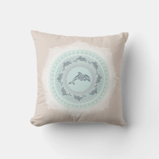 Dolphins Mandala Pale Blue Taupe Coastal Throw Pillow