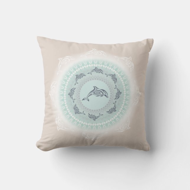 Dolphins Mandala Pale Blue Taupe Coastal Throw Pillow (Front)