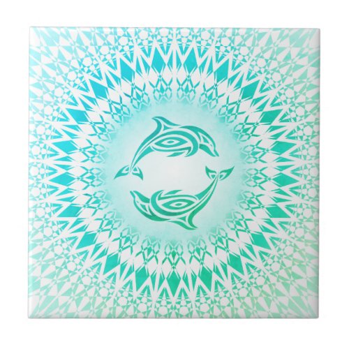 Dolphins Mandala Turquoise Green White Ceramic Tile