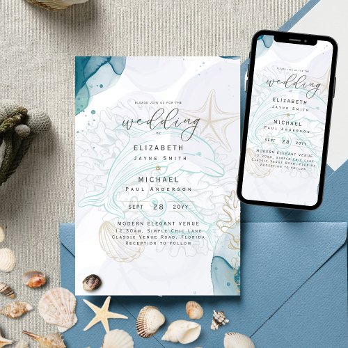 Dolphins Ocean Life Beach Teal Wedding Invitation