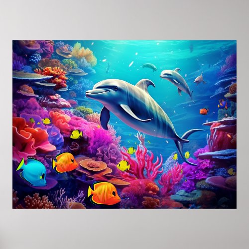 Dolphins on a coral reef marine life poster