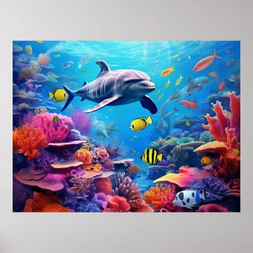 Dolphins on a coral reef marine life poster
