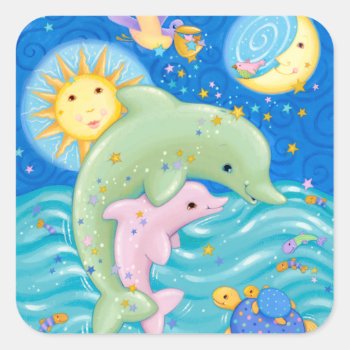 Dolphins Play Square Sticker by AuraEditions at Zazzle