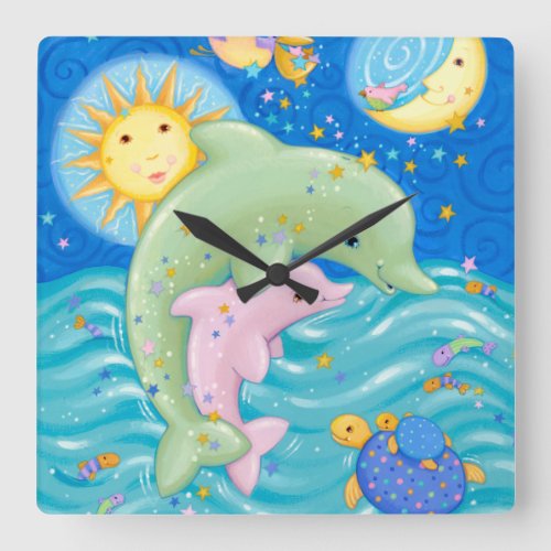 Dolphins Play Square Wall Clock