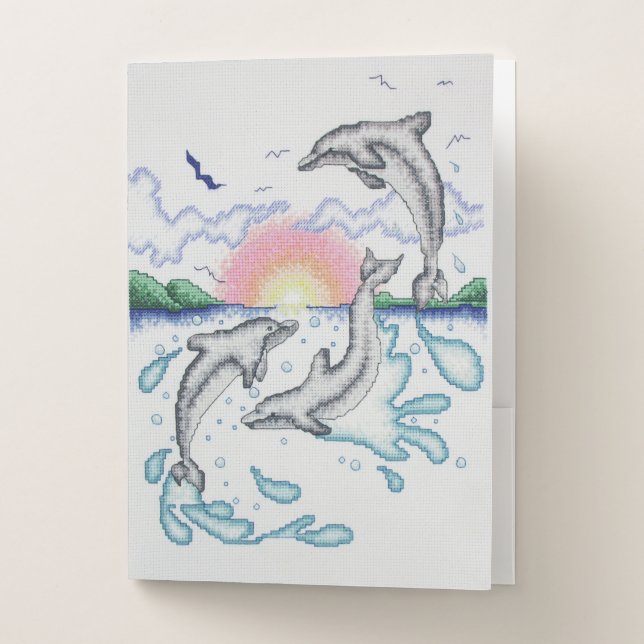 Dolphins Playing at Sunset Ocean Beach Pocket Folder (Front)