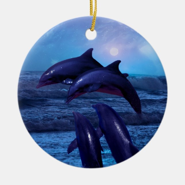 Dolphins playing in the ocean christmas tree ceramic ornament (Front)