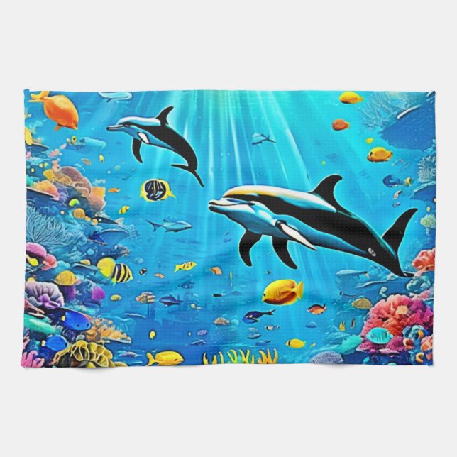 Dolphins & Reef: Underwater Joy Kitchen Towel (Horizontal)