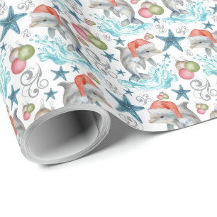 Dolphins Santa Hats Christmas Gift Wrapping Paper