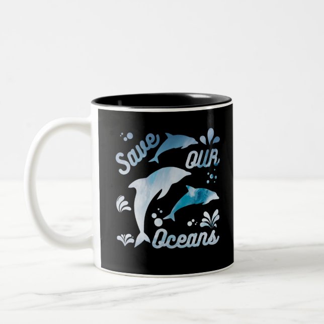 Dolphins / Save Our Oceans Two-Tone Coffee Mug (Left)