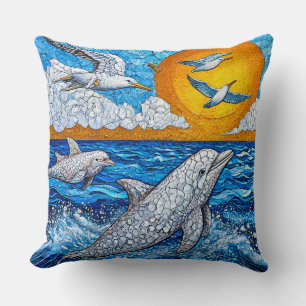 Dolphins Seagulls Ocean Scene 🌊🐬 Coastal Breeze Throw Pillow