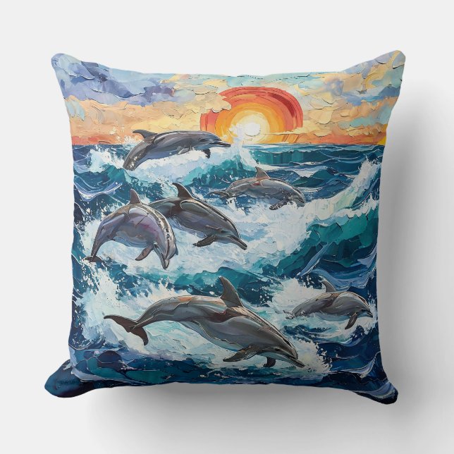 Dolphins Seascape Throw Pillow (Front)