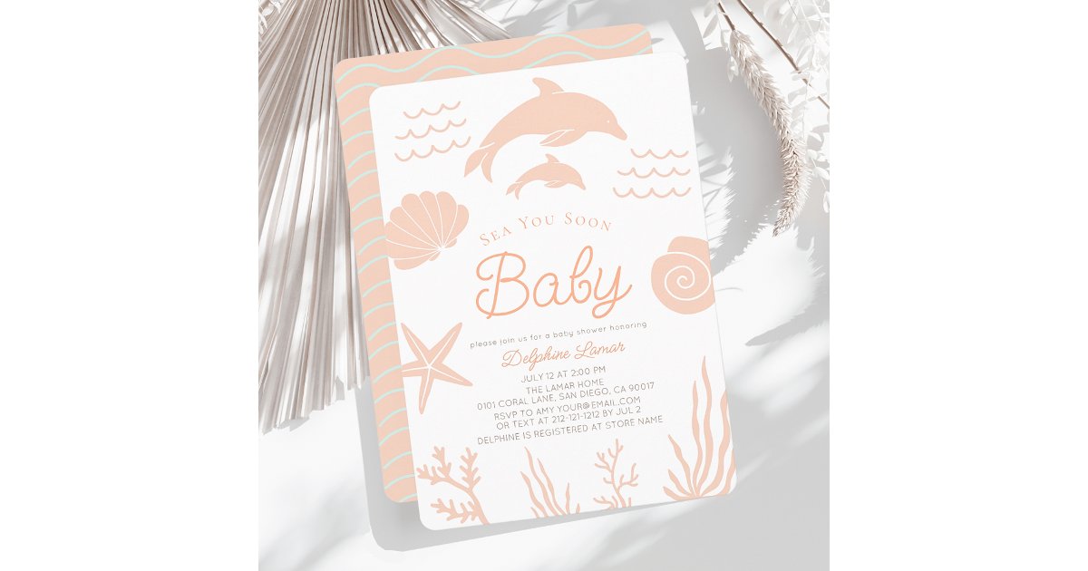Dolphins & Seashell Sea You Soon Pink Baby Shower Invitation | Zazzle