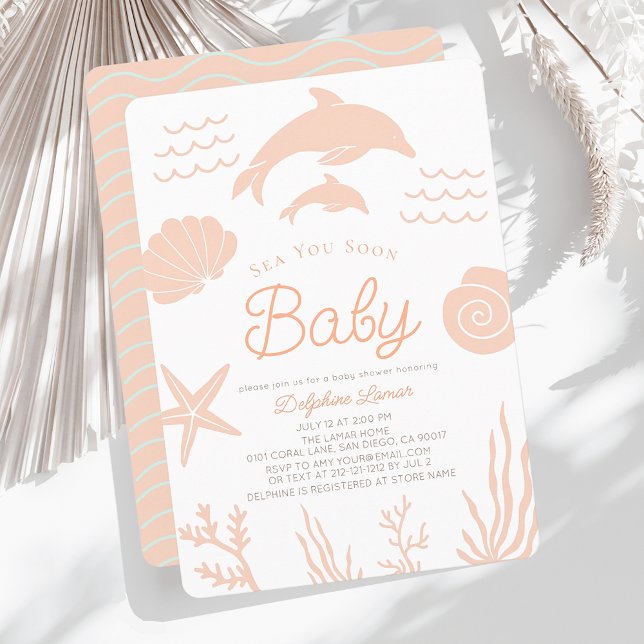 Dolphins & Seashell Sea You Soon Pink Baby Shower Invitation (Creator Uploaded)