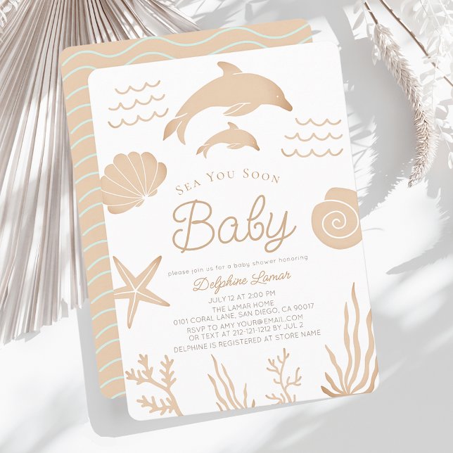 Dolphins & Seashell Sea You Soon Tan Baby Shower Invitation (Creator Uploaded)