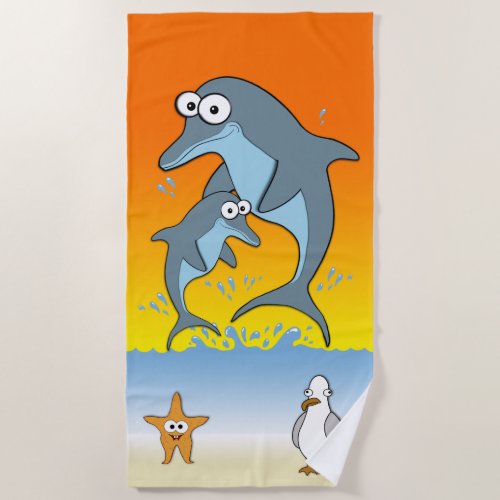 Dolphins Starfish and Seagull Ocean Beach Towel