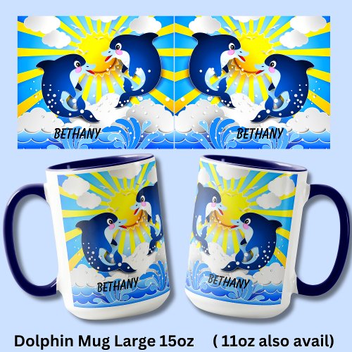 Dolphins  Sun Personalize Add Your Name Blue 15oz Mug