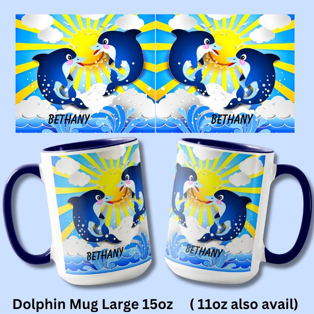 Dolphins & Sun Personalize Add Your Name Blue 15oz Mug (Creator Uploaded)