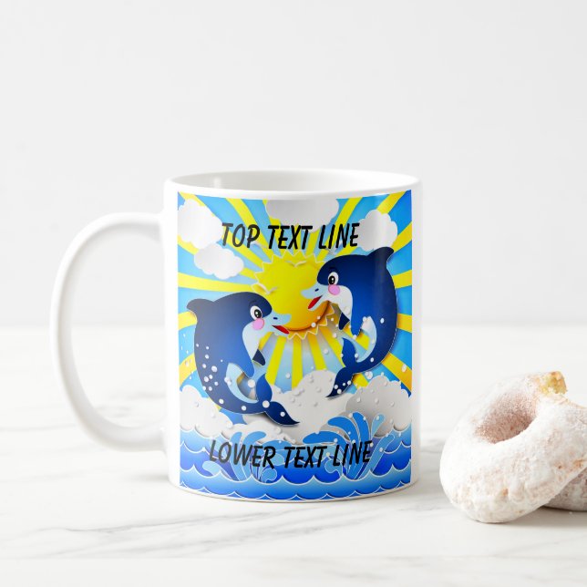 Dolphins & Sun Personalize Add Your Name or Text Coffee Mug (With Donut)
