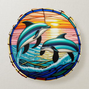 🐬 Dolphins Sunset Ocean Jump Coastal Serenity 🐬 Round Pillow