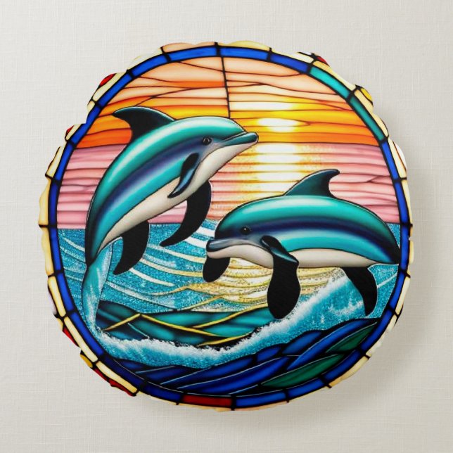 🐬 Dolphins Sunset Ocean Jump Coastal Serenity 🐬 Round Pillow (Front)