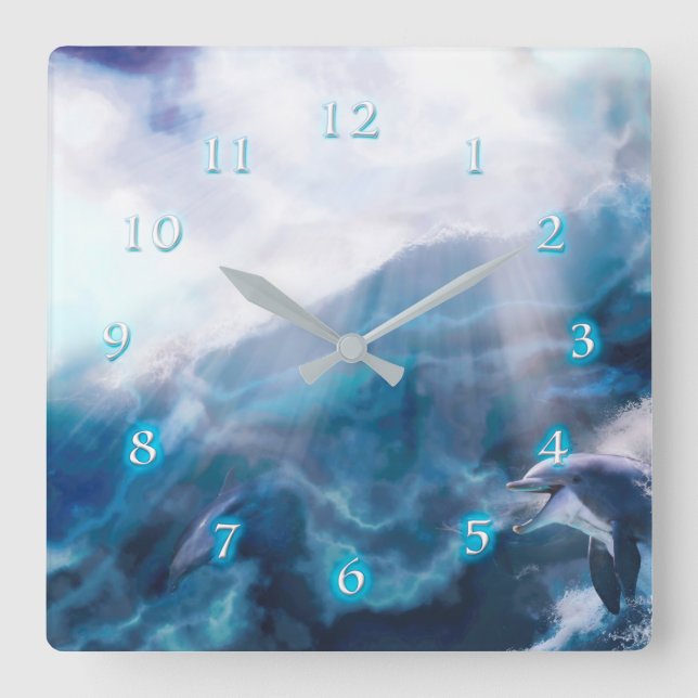 Dolphins Surfing JUST FOR THE THRILL Square Wall Clock (Front)