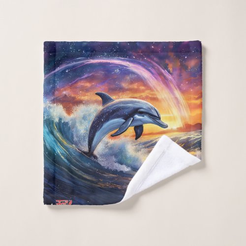 Dolphins Surfs Galaxy Design by Rich AMeN Gill Wash Cloth