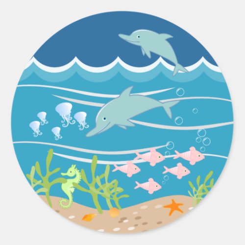 Dolphins swiming under the sea classic round sticker