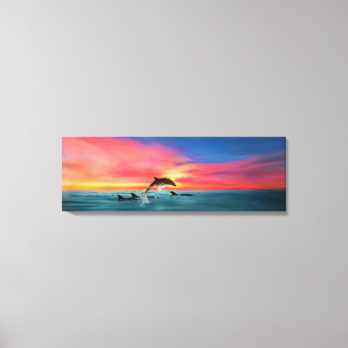 Dolphins Swimming California Beach Sunset Art Canvas Print