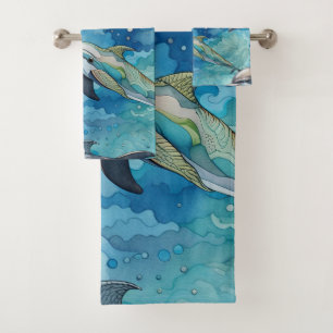 Dolphins swimming in the sea bath towel set