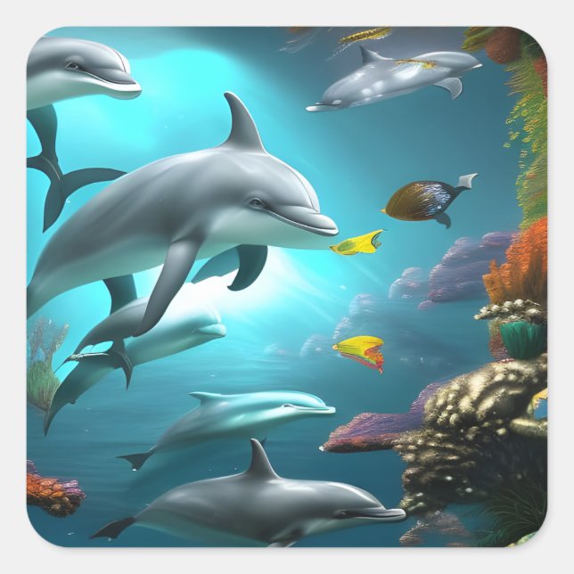 Dolphins Swimming Underwater   Square Sticker (Front)