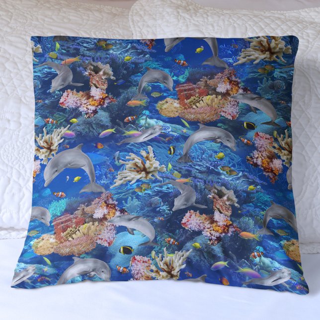 Dolphins Swimming with Coral Reef Throw Pillow (Creator Uploaded)