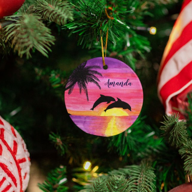 Dolphins Tropical Sunset Personalized Ornament (Creator Uploaded)