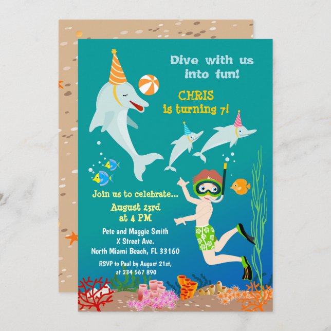 Dolphins under the sea boy birthday party  invitation (Front/Back)