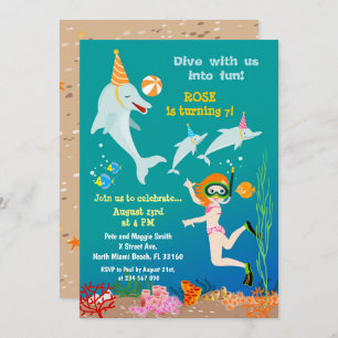 Dolphins under the sea girl birthday party invitation