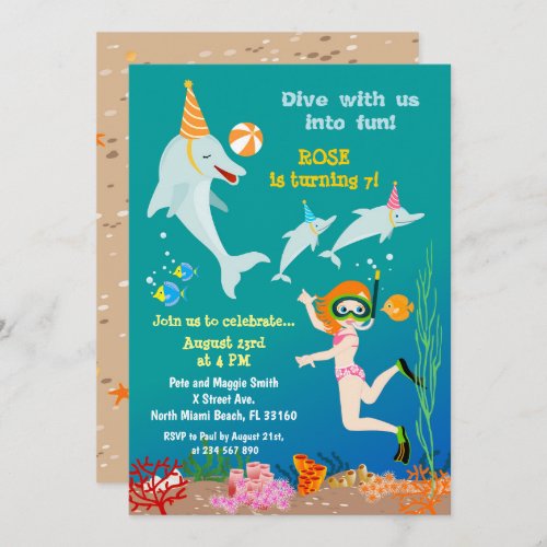 Dolphins under the sea girl birthday party invitation