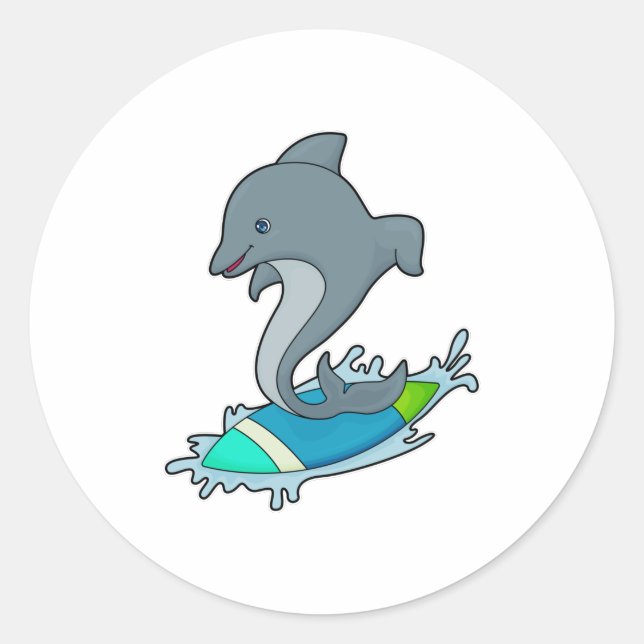 Dolpin as Surfer with Surfboard Classic Round Sticker (Front)