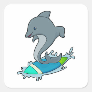 Dolpin as Surfer with Surfboard Square Sticker