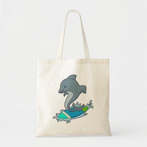 Dolpin as Surfer with Surfboard Tote Bag