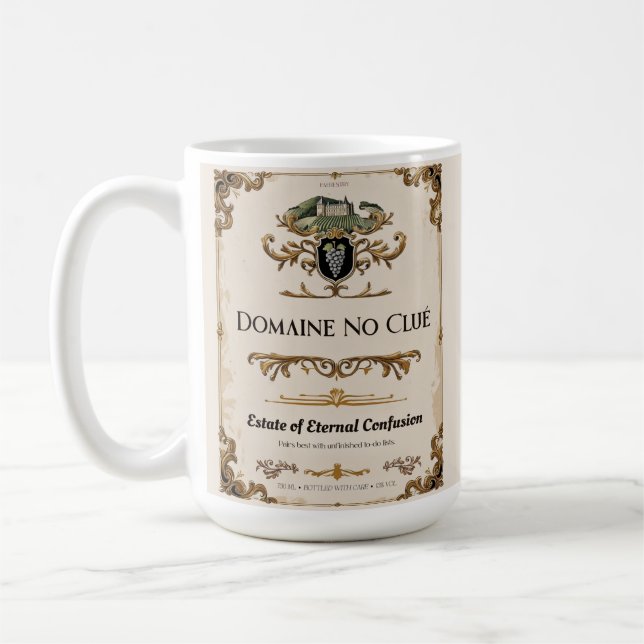 Domaine No Clué – Parody Wine Label Mug (Left)