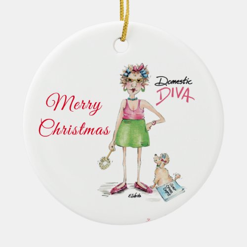 Domestic Diva Happy Holiday Wishes Caricature  Ceramic Ornament