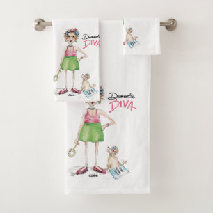Domestic Diva must do chores, in green and pink? Bath Towel Set